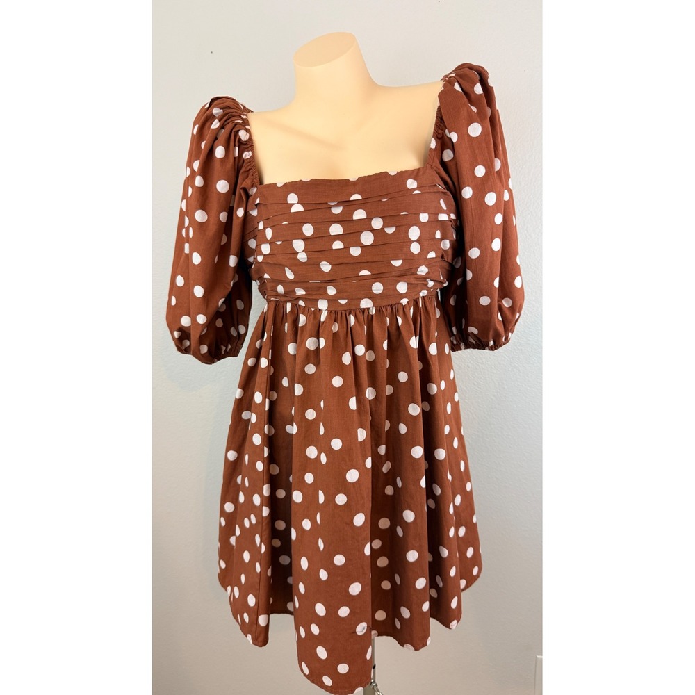 Abercrombie & Fitch Brown Polka Dot Puff Sleeve Babydoll Mini Dress Womens Large